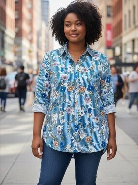 New CW Classics Blue Floral Stripe Button-Down Cotton Shirt Size XL